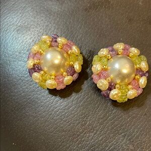 Vintage Mid Century Elegant Multicolor Beaded clip on Earrings